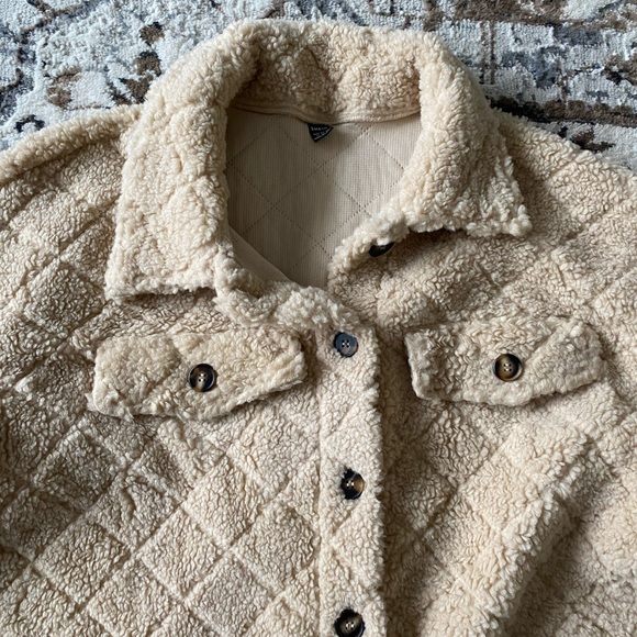 New Flap Detail Drop Shoulder Teddy Coat Shacket Button Down Long Sleeve Warm - Picture 9 of 16